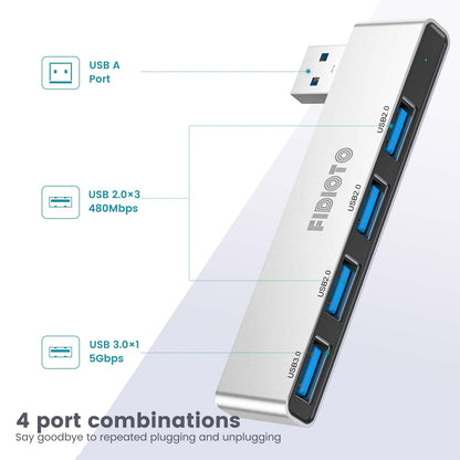 Fidioto USB Hub, 4-Port USB Splitter(1 * 3.0 Hub, 3 * 2.0 Hub) USB Splitter USB Expander for Laptop,Windows PC,Mac,Printer,Flash Drive,Mobile HDD, Notebook PC