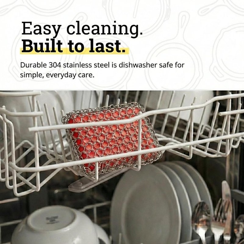 Lodge Chainmail Scrubber for Cast Iron Pans - Heavy Duty Stainless Steel Scrubbing Pad for Skillets, Dutch Ovens & Griddle Pans - Essential Cast Iron Cleaning Tool - Red