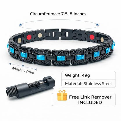 38 Elegant Stainless Steel Blue zircon Magnetic Bracelet for Women Magnetic Functions with Free Link Removal Tool Mother's gift (Black With Blue ziron)