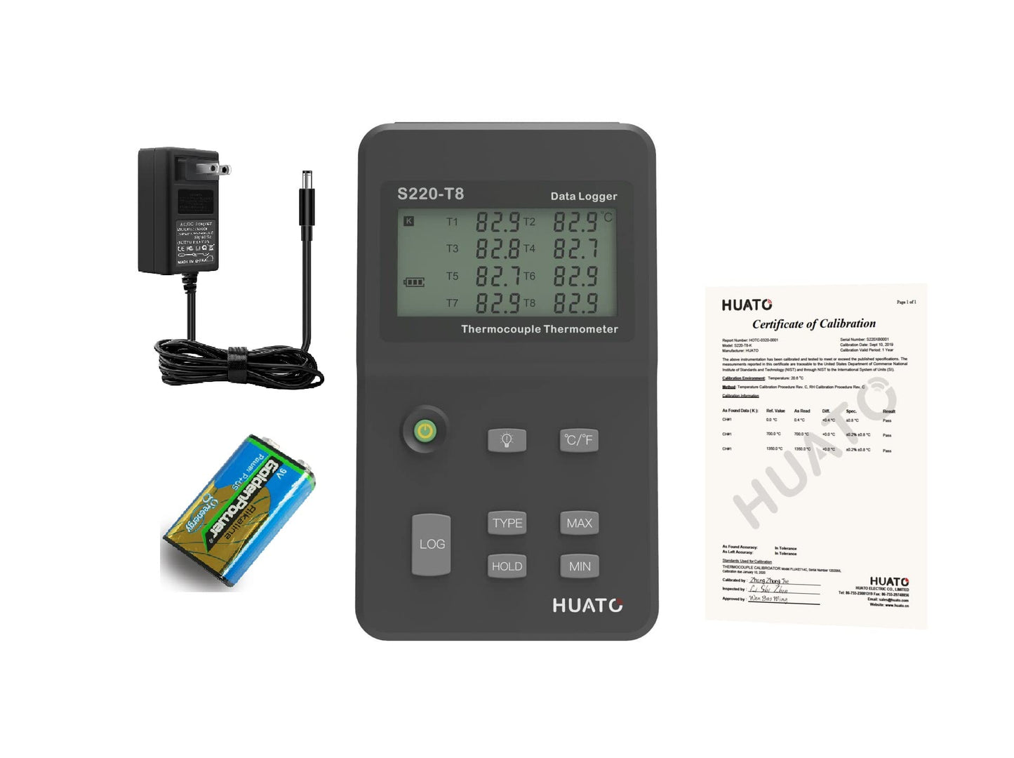HUATO S220-T8 Eight Channel Thermocouple Data Logger with External Power Supply and 3 Points NIST Traceable Certificate, Measuring Range -200 to 1800°C