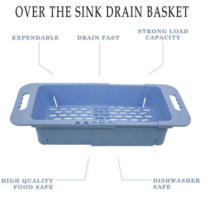 MineSign Extendable Over the Sink Colander Fruits and Vegetables Drain Basket Adjustable Food Strainer Sink Washing Basket for Kitchen (Blue)