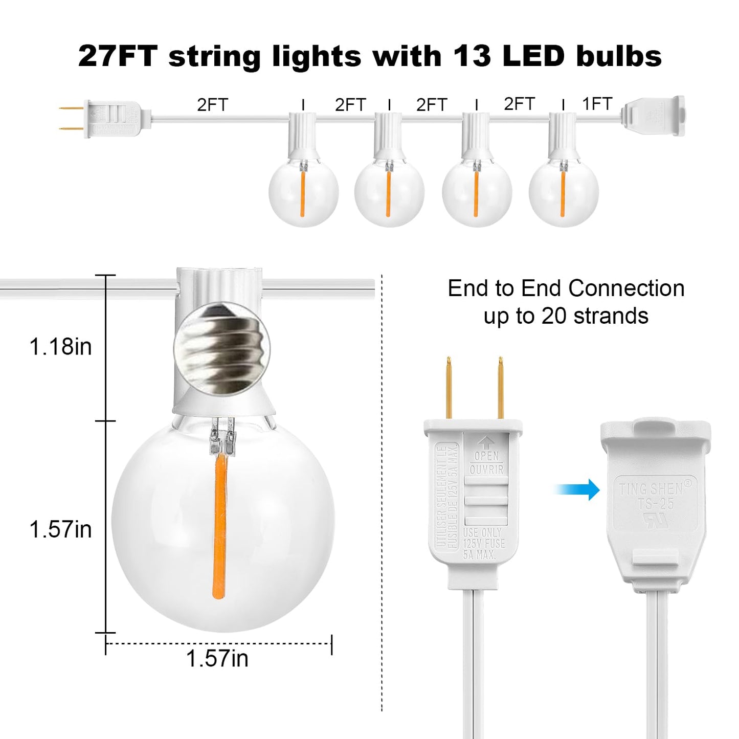 SUNTHIN Outdoor White String Lights, 27FT White Patio Lights with 14 G40 Shatterproof LED Bulbs(1 Spare), Waterproof Hanging Outside Lights for Yard, Porch, Deck, Garden, Pergola
