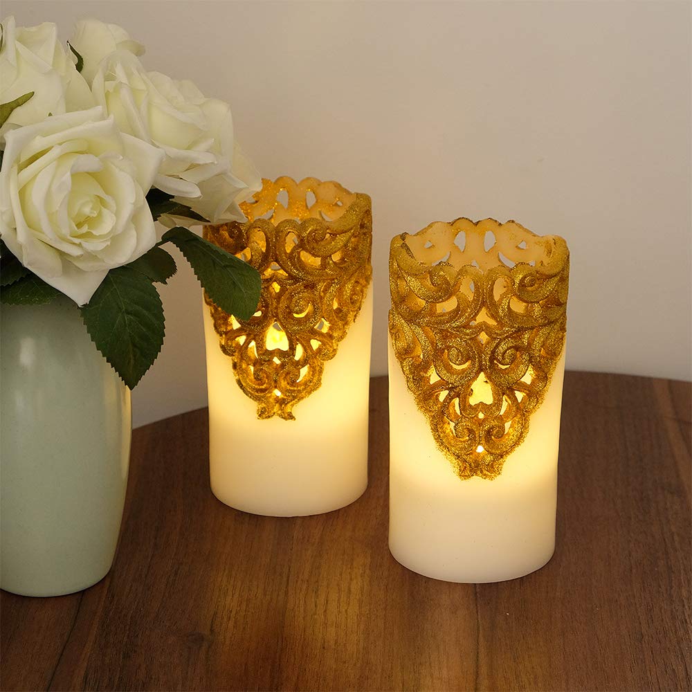 DRomance Hollow Gold Flameless Flickering Candles with 5H Timer, Battery Operated LED Pillar Candles Unscented Wax Warm Light Christmas Home Decoration(Set of 2, 3 x 6 Inches)