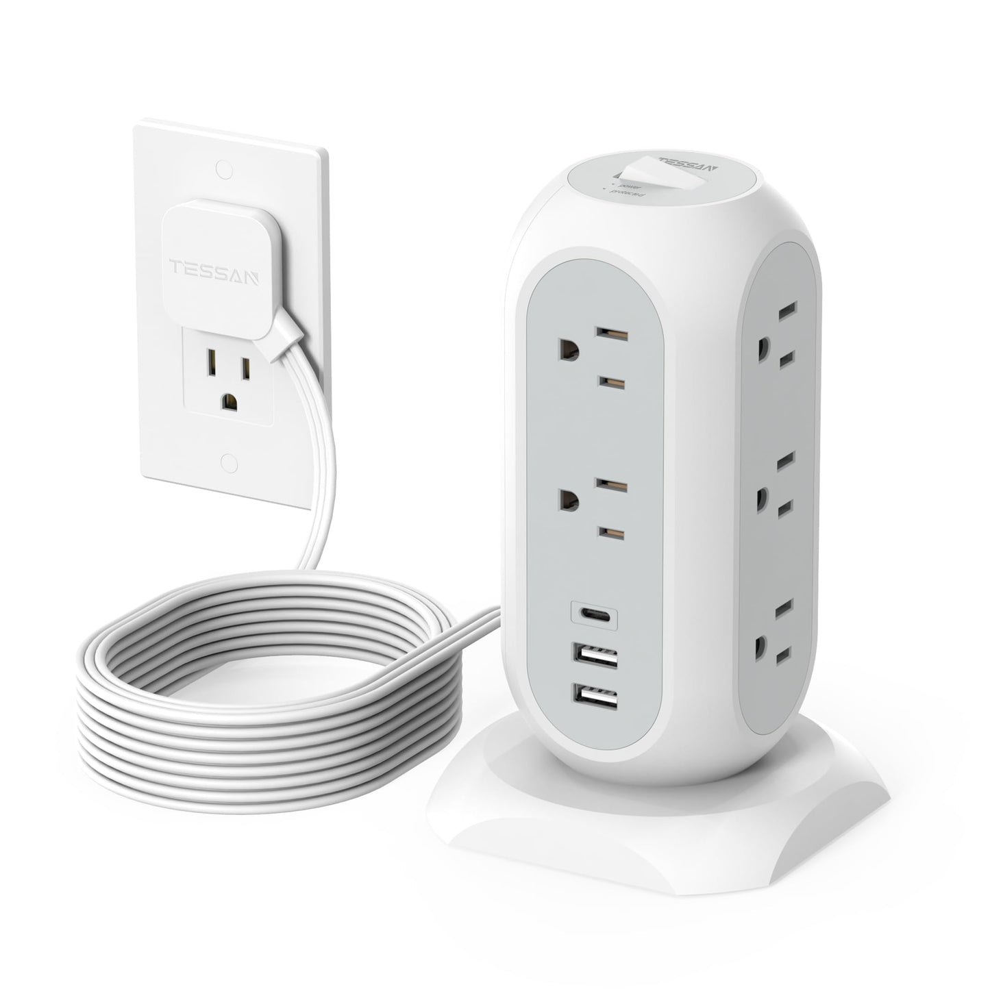 Surge Protector Power Strip Tower 10 Ft, TESSAN Flat Plug Extension Cord with 11 AC Outlets 3 USB Ports (1 USB C), 1050J Protection Charging Station for Home, Office Supplies, Dorm Room Essentials