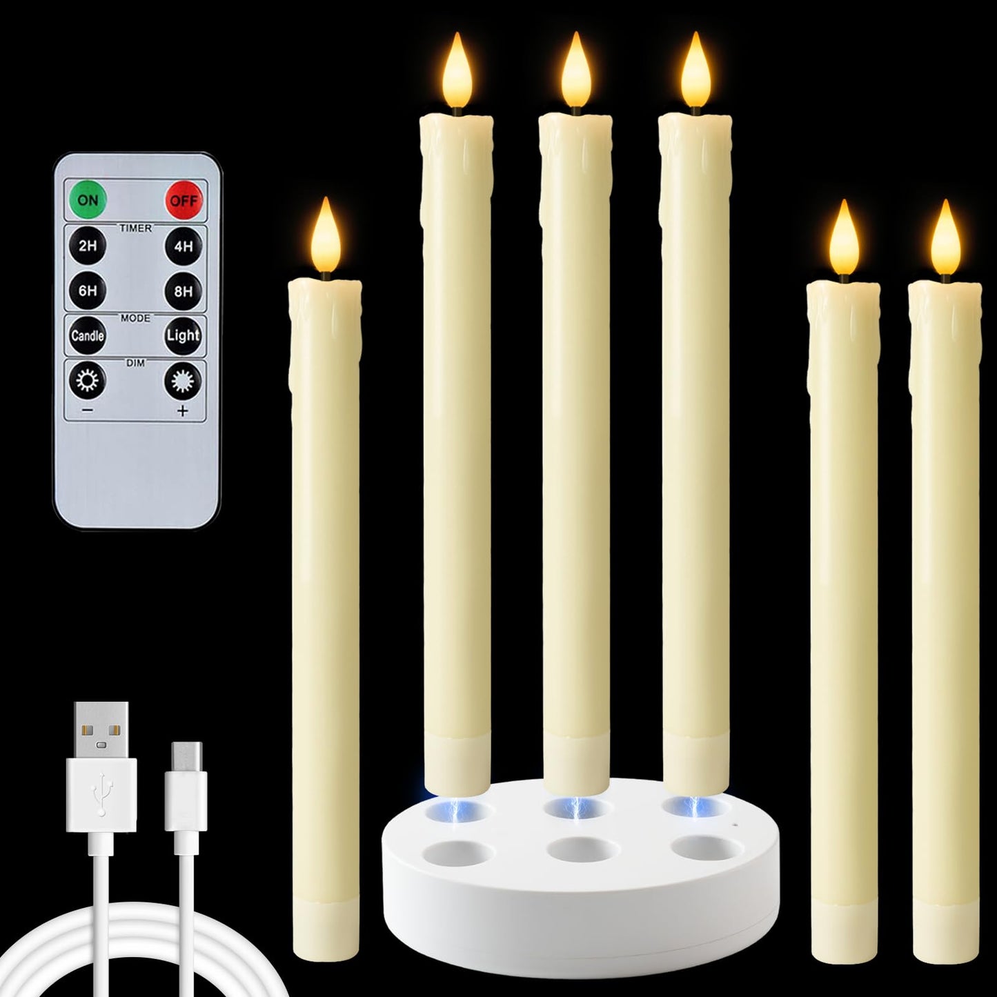 Homemory Rechargeable Waxy Flameless Taper Candles, 9.6 Inches LED Candle Sticks Flickering, Window Candles with Remote Timer Dimmer for Christmas Wedding Home Decor, Ivory, 6 Pcs