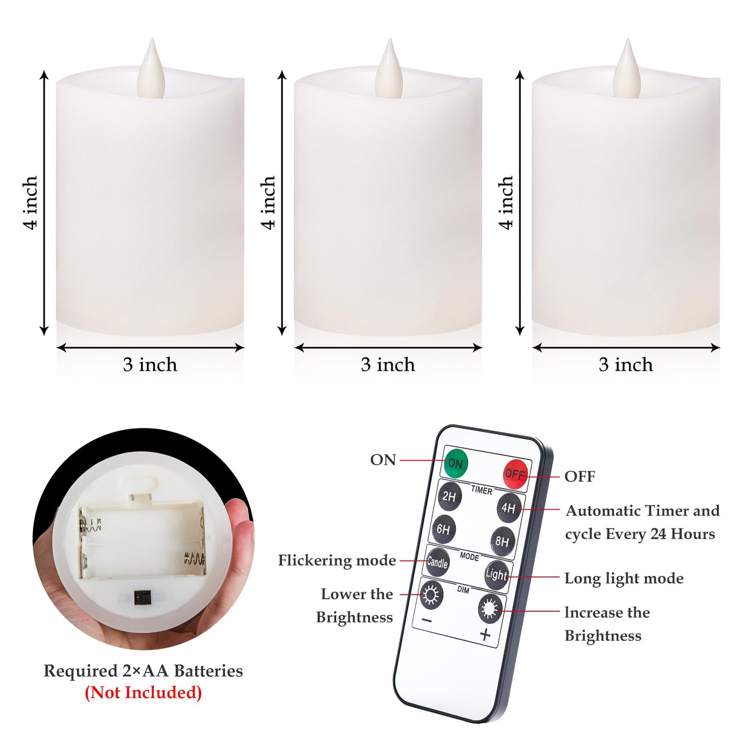 "3"x4" Flickering Flameless Candles with Remote Timer- Set of 3 Real Wax White Pillar LED Candles for Indoor/Outdoor Fireplace & Home Decor, Battery Operated with 600+ Hours Flickering (3" Diameter)
