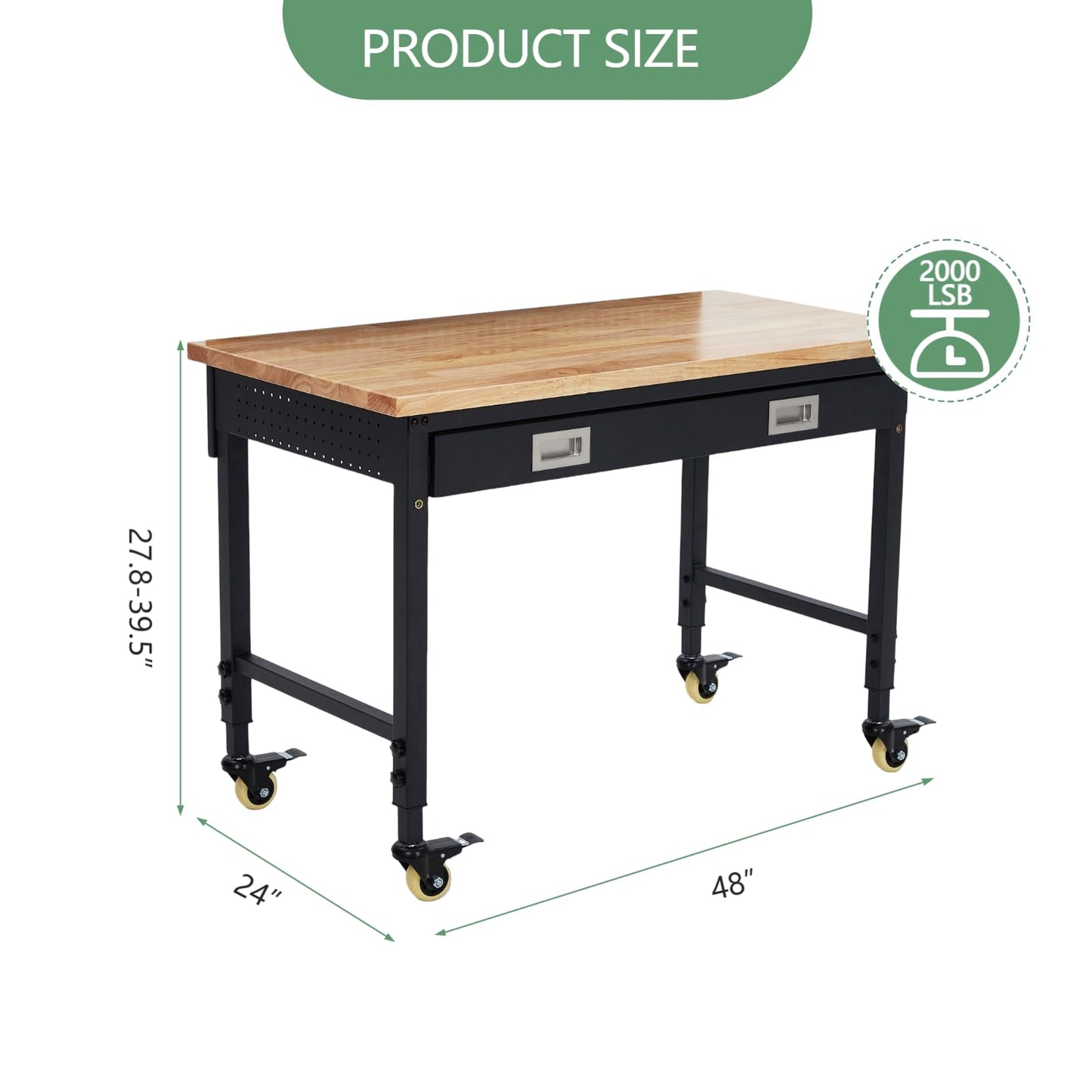 48" Work Benches for Garage, Adjustable Workbench with Wheels, Drawers, Power Outlet & Rubber Wood Top, 2000LB Tool Bench Shop Table for Woodworking, Office, Home, Black