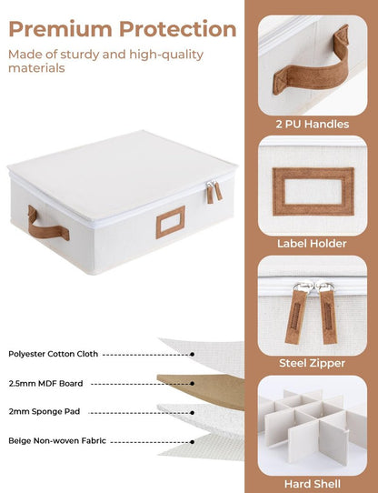 StorageWorks China Storage Container, Stackable Mug Storage Box with Dividers, Stemware Storage Cases, Hard Shell China Cup Organizer, Holds 12 Tea Cups and Coffee Mug, 1 Pack, Beige