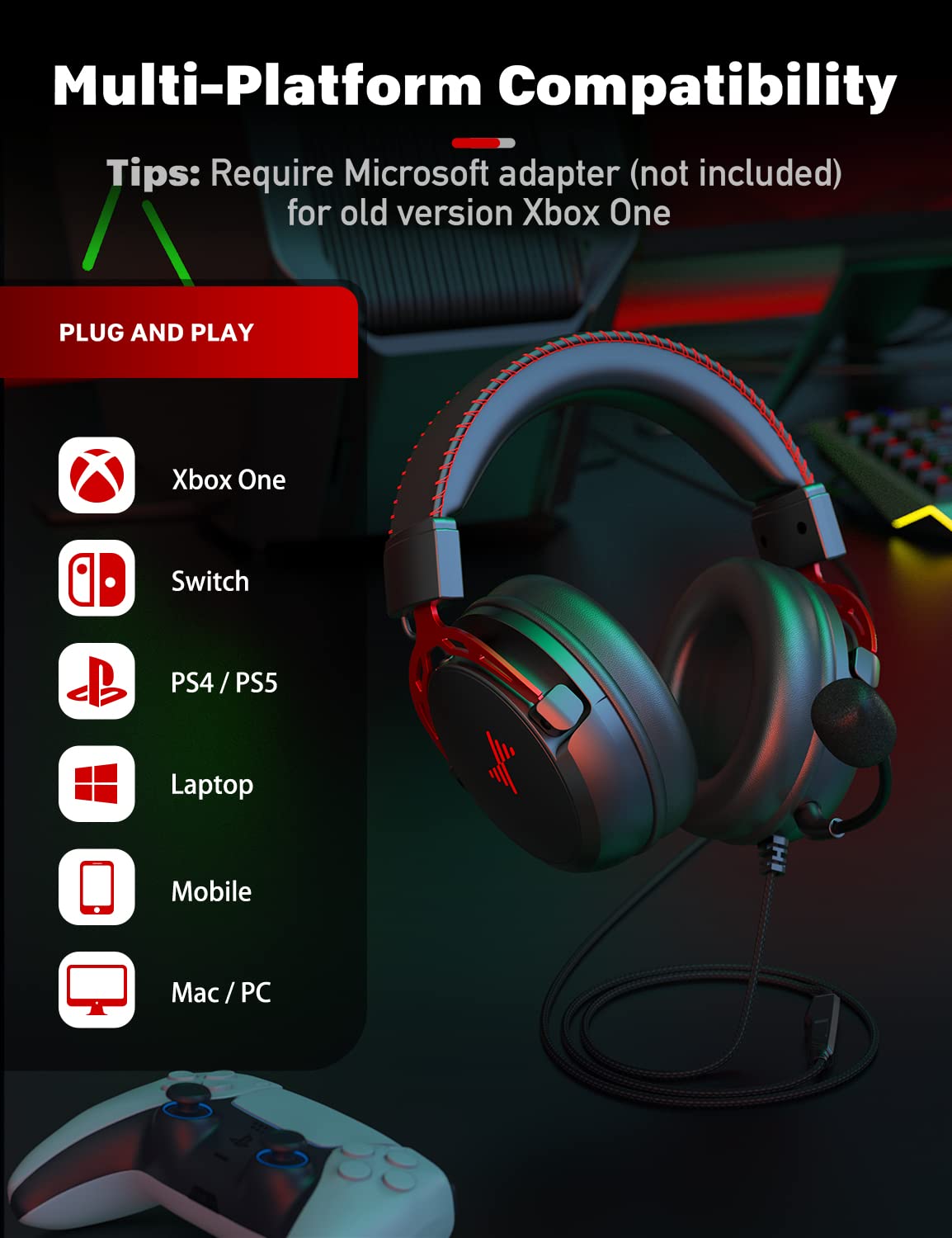 DEEBOX Gaming Headset for PS5 PS4 Xbox One Switch, Gaming Headphones with Microphone for PC Mac Laptop Computer Gamer