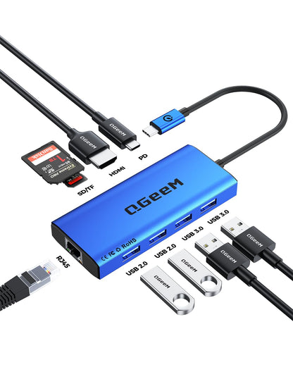 QGeeM USB C Hub Ethernet,9 in 1 USB Type C Hub HDMI Multi-Port Converter Adapter,100W Pd, USB 3.0,SD/TF Card Reader,Compatible for MacBook Pro Air Ipad HP Dell Lenovo Chromebook etc.