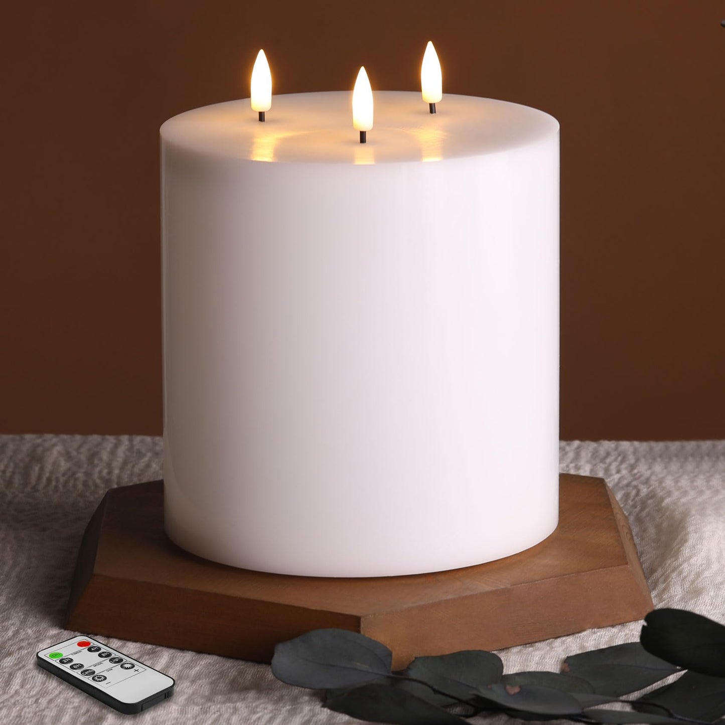 Eywamage White 3 Wick Flameless Pillar Candle Φ 6" H 6", Giant Real Wax Flickering LED Candle with Remote
