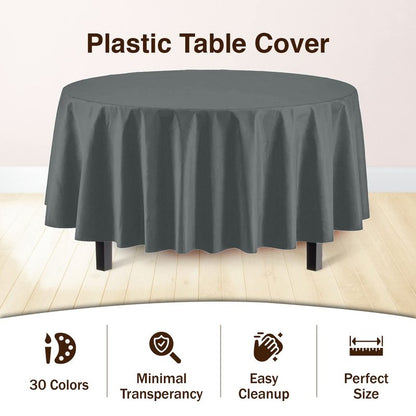 Party Solids Pack Of 6 Premium Plastic Tablecloth 84 Inch Round Plastic Table Cover - Silver