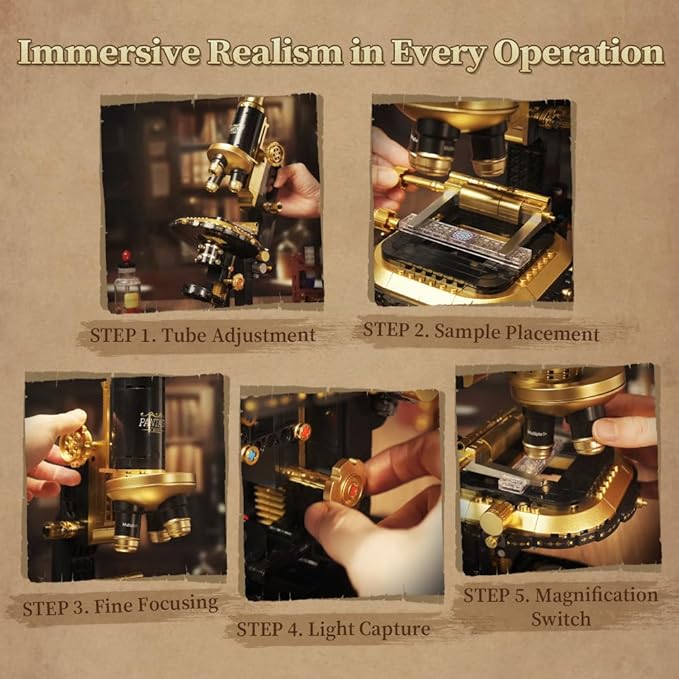 PANTASY Retro Microscope Building Kit for Adults Antique Science Instrument Model with Mechanical Design Brass Finish &amp Lab Accessories Collectible Display Brick Set