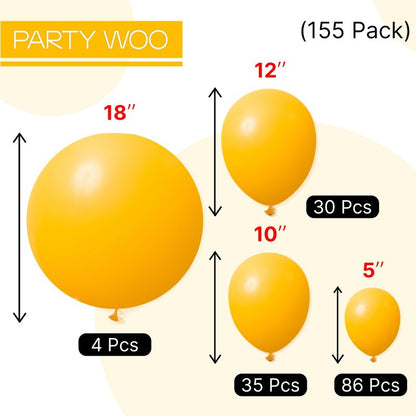 PartyWoo Mustard Yellow Balloons 155pcs Different Sizes of 18 12 10 5 Inch Yellow Fall Balloon Arch Kit for Birthday Engagement Baby Shower Bee Sunflower Little Cutie Party Decorations Yellow-Y10