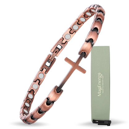 MagEnergy Copper Magnetic Bracelet for Women, Cross Copper Bracelet with 3500 Gauss Magnets, Adjustable, Christian Jewelry Gift