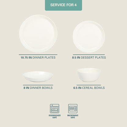 Gibson Home Summer Shades 16 Piece Plates and Bowls Dishes Service for 4 Porcelain Dinnerware Set - White