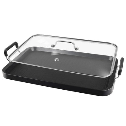 Vayepro 2 Burner Griddle Pan with Glass Lid, Stove Top Flat for Glass Stove Top, Aluminum Pancake, Non-Stick for Gas Grill, Double Burner Camping