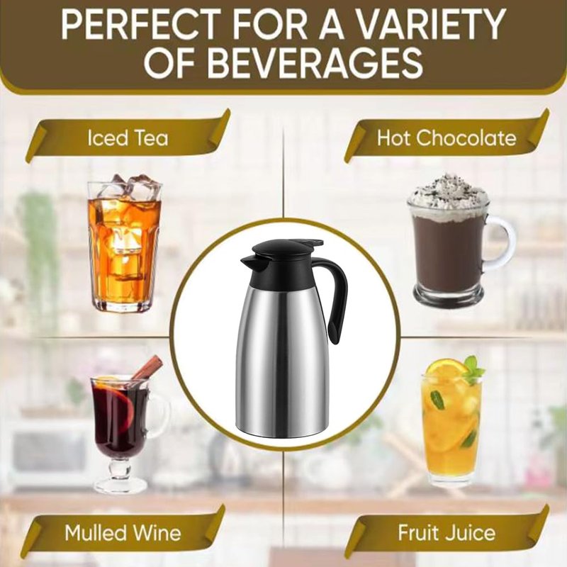 70 Oz Insulated Thermal Coffee Carafe Stainless Steel Double Walled Vacuum Coffee Thermos, Hot Water, Tea, Hot Beverage Dispenser, Keep 24 Hour Heat Retention/12 Hour Cold Retention (Sliver, 2L)