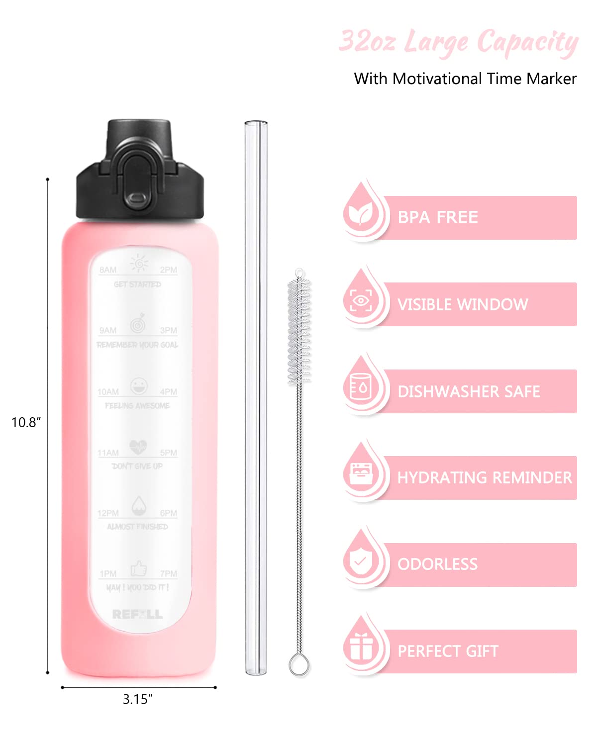 Nefeeko 32 oz Glass Water Bottles with Straw, Motivational Time Marker, 1 Liter BPA FREE Leakproof Reusable Bottle with Silicone Sleeve, Bamboo & Spout Lid