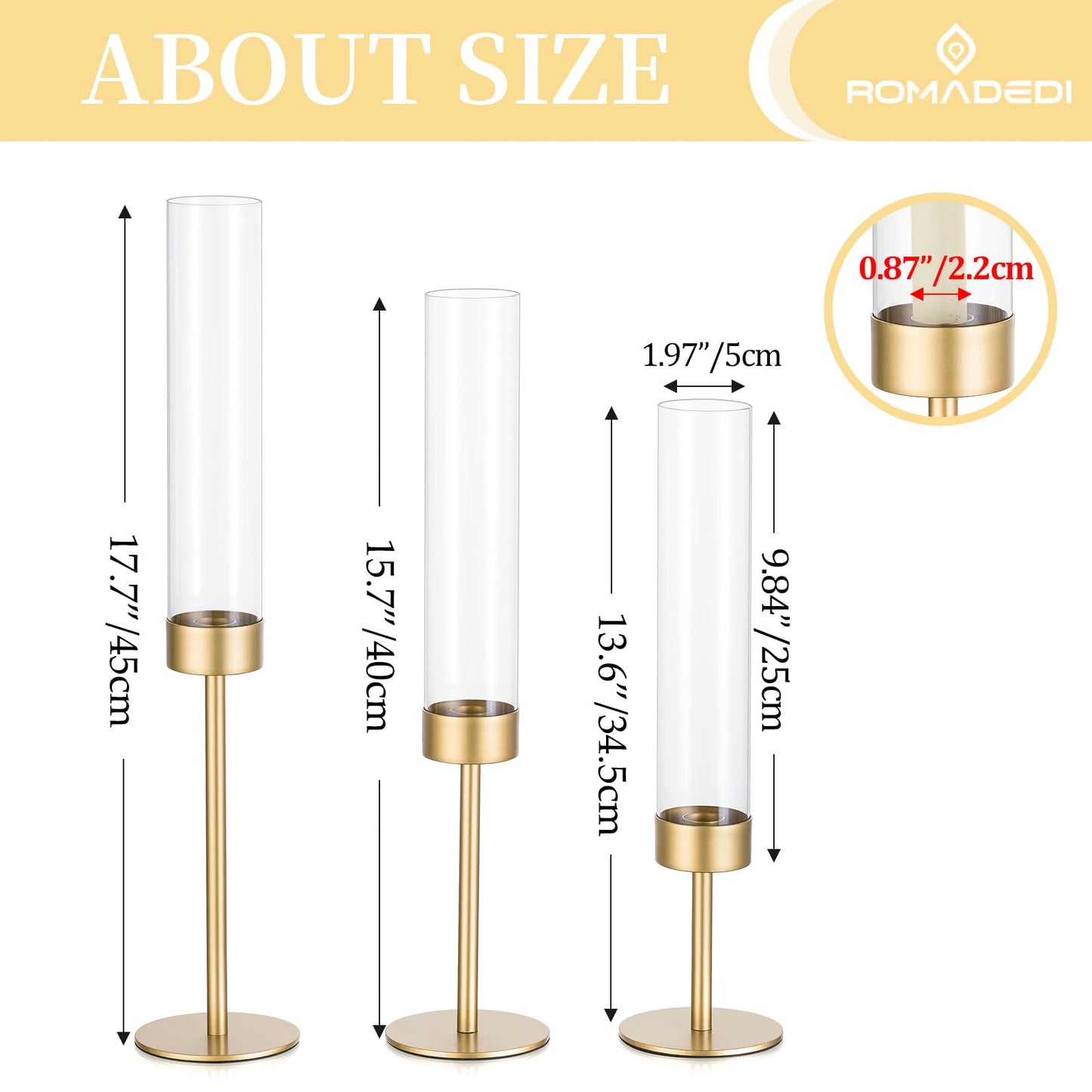 Glass Hurricane Candlestick Holders Gold - Romadedi Taper Candle Holder Tall Clear Glass Cylinder Table Centerpiece Wedding Decor Party Birthday Christmas Home Decorations Set of 3