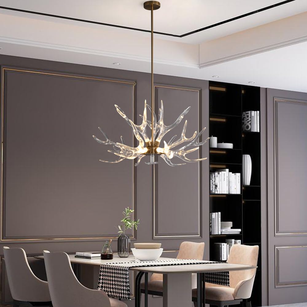 LOVEDIMA Resin Antler Chandelier, 9-Light Deer Horn Pendant Light Fixture for Living Room Bedroom Dining Room Kitchen (Gold)
