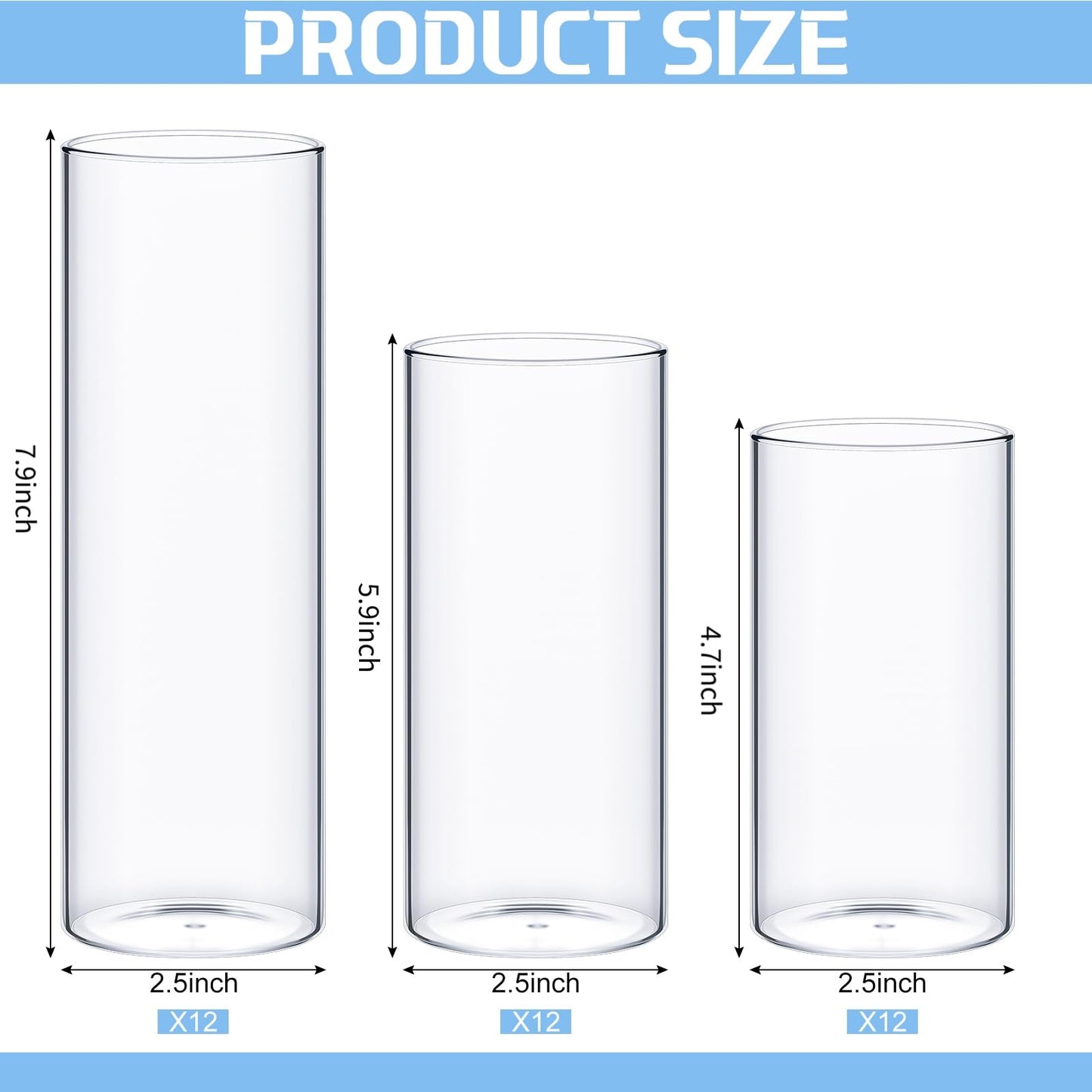 Didaey 36 Pcs Thin Cylinder Vases Set for Centerpieces 2.5'' Diameter 2mm Thickness Clear Glass Vase Hurricane Floating Candle Holder for Wedding Table Decoration (2.5'' X 5'',6'',8'')