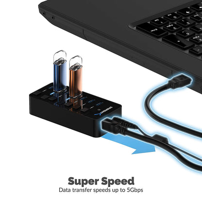 SABRENT 10-Port USB 3.0 Hub, Individual Power Switches and LEDs, 3 Smart Charging Ports, 60W Power Adapter, for PC, Mac, Xbox, PS5, Laptop, Desktop, USB Devices (HB-B7C3)