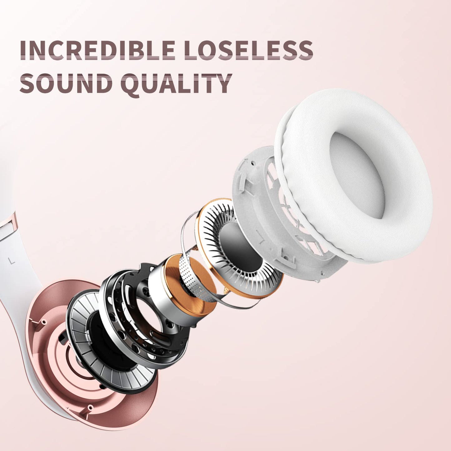 Uliptz Wireless Bluetooth Headphones, 65H Playtime, 6EQ Sound Modes, HiFi Stereo Over Ear Headphones with Microphone, Foldable Bluetooth 6.0 Headphone for Travel/Office/Cellphone/PC (Rose Gold)