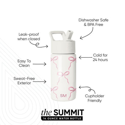 Simple Modern Kids Summit Water Bottle with Straw Lid | 14oz Stainless Steel Cup Insulated Tumbler for Toddlers, Girls, School | Bows