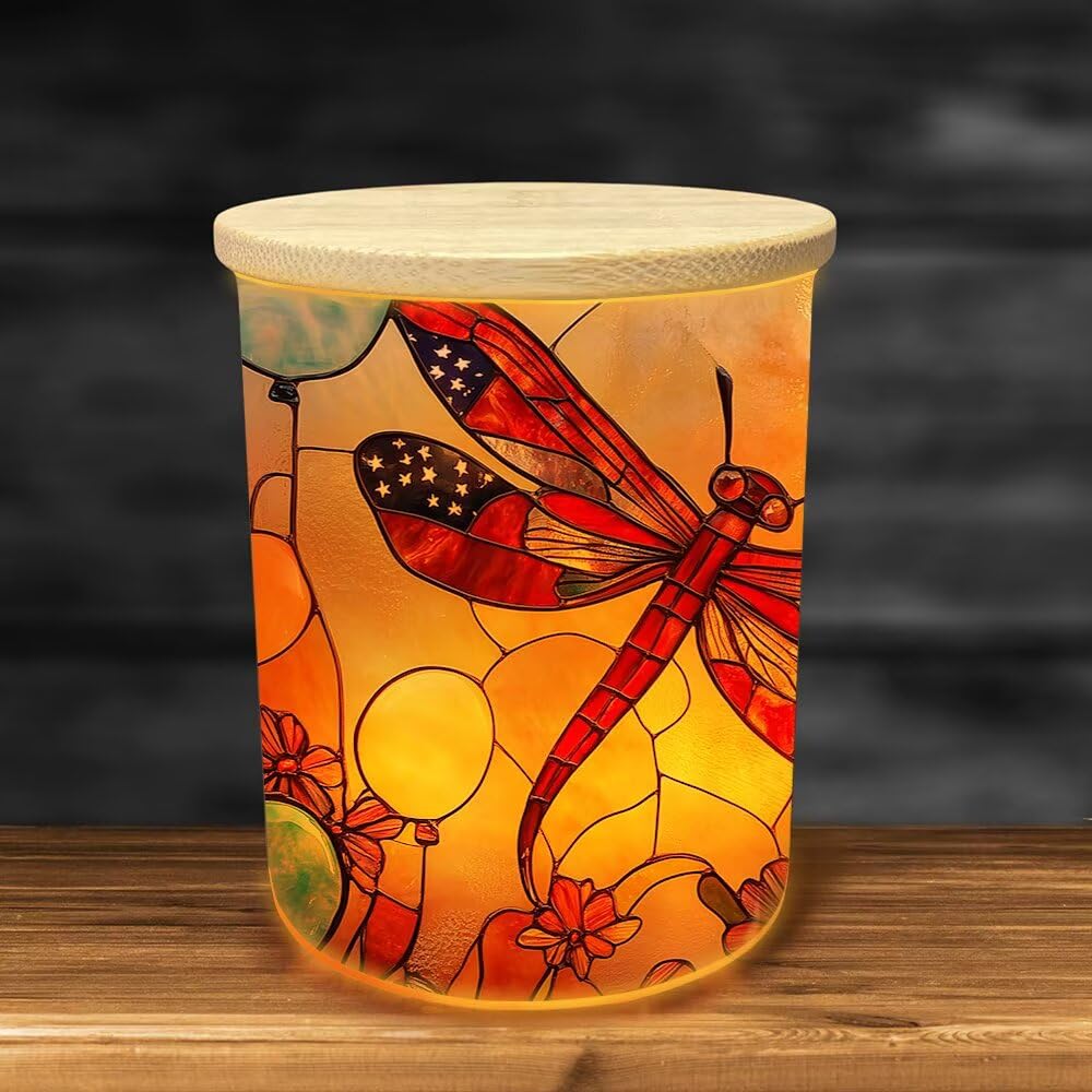 Stained Glass Dragonflies Tea Light Candle Holders, Pastoral Wildflowers Tealight Candle Holder Jar with Wooden Lid, Votive Candlesticks for Table Centerpieces, Christmas,Birthday Party