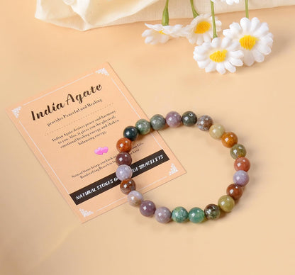 AD Beads Handmade Gemstone Stretch Elastic Bracelet Crystal Healing Reiki Nature's Beauty and Spiritual Essence Unisex (4mm, Indian Agate)