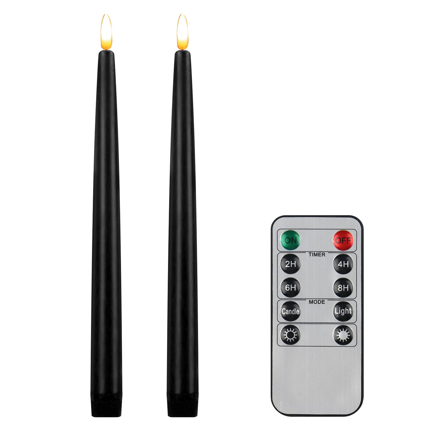 CVHOMEDECO. Flameless Taper Candles with 10-Key Remote, Battery Operated Led Flickering 3D Wick Window Candles Real Wax Finished Home Christmas Party Decor 0.78 x 11 Inch, Pack of 2, Black