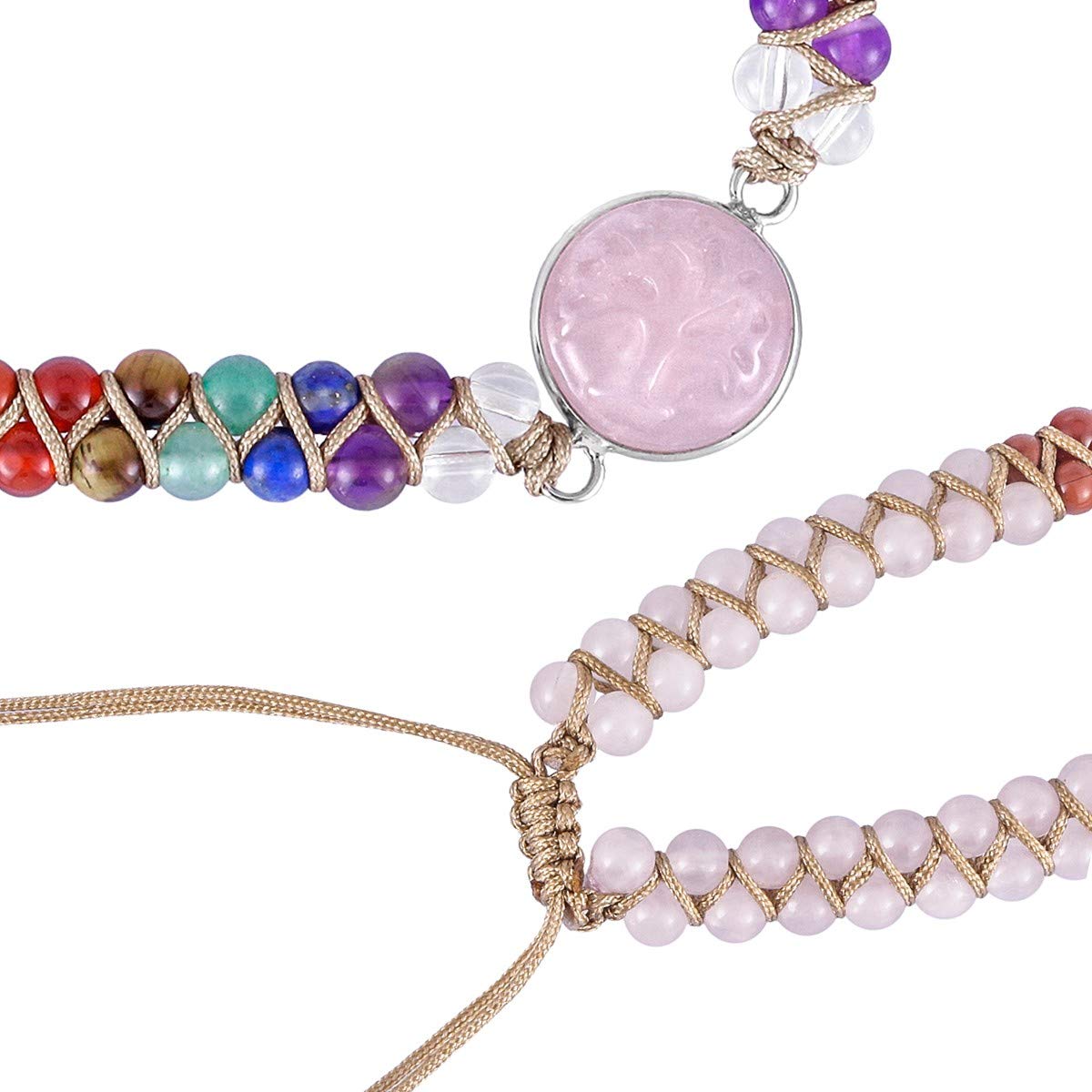 Nupuyai 7 Chakras Bead Stone Bracelet - 4mm Yoga Beaded Double Layer Healing Crystal Bracelet for Women Men Macrame Adjustable Bracelet, Rose Quartz