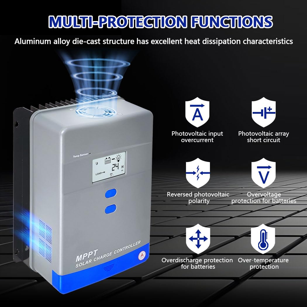 100A MPPT Solar Charge Controller 12V/24V/36V/48V Auto Battery Regulator LCD Display,MAX PV Panel Input 5200W for AGM, Gel, Flooded and Lithium Battery Charging, High-Efficiency Energy Conversion