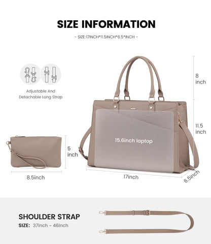 LOVEVOOK Laptop Tote Bag for Women, Leather Business Office Work Bag Computer Briefcase with Small Clutch fit for 15.6 Inch Laptop,Light Khaki
