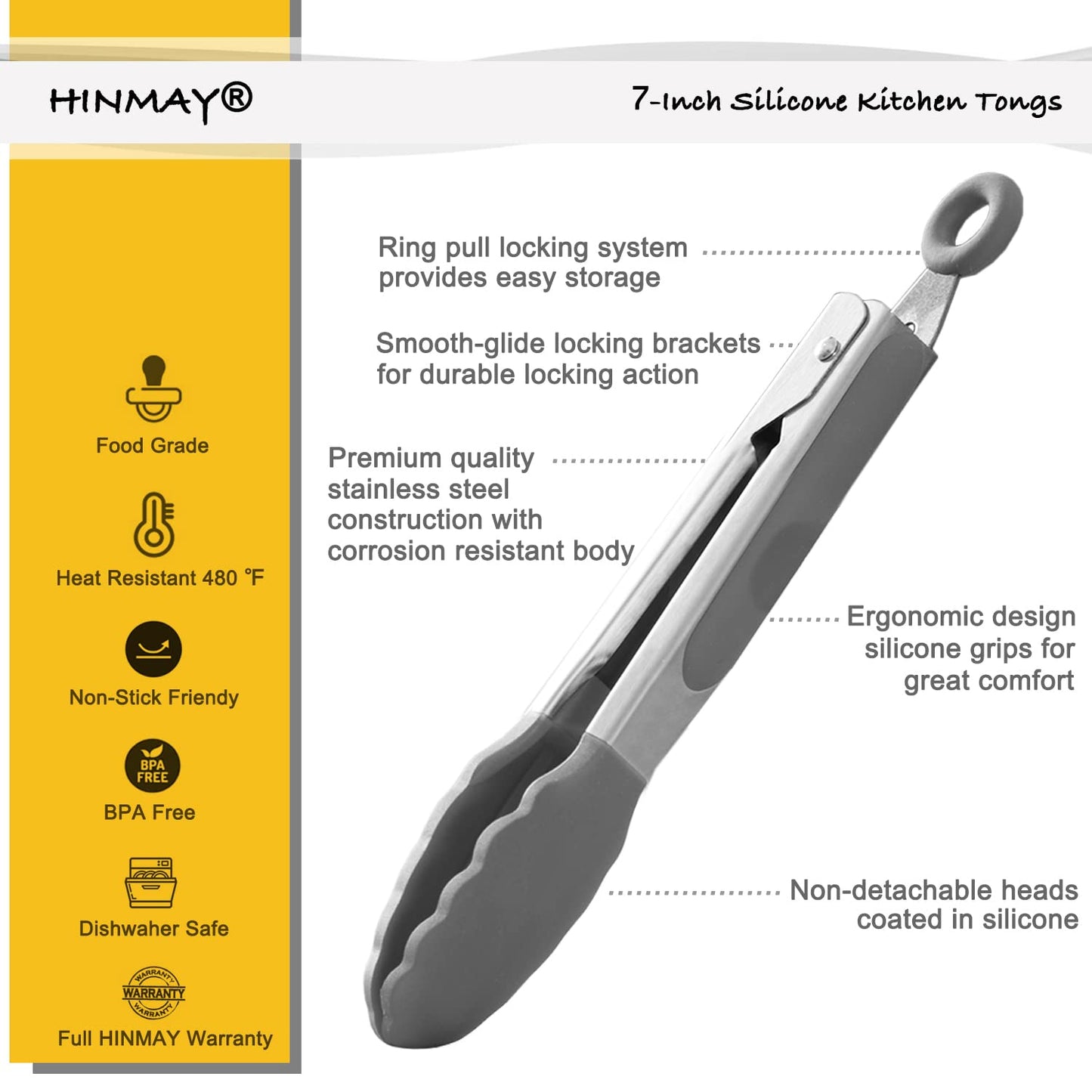 Small Silicone Tongs 7-Inch Mini Serving Tongs, Set of 3 (Black Gray White)