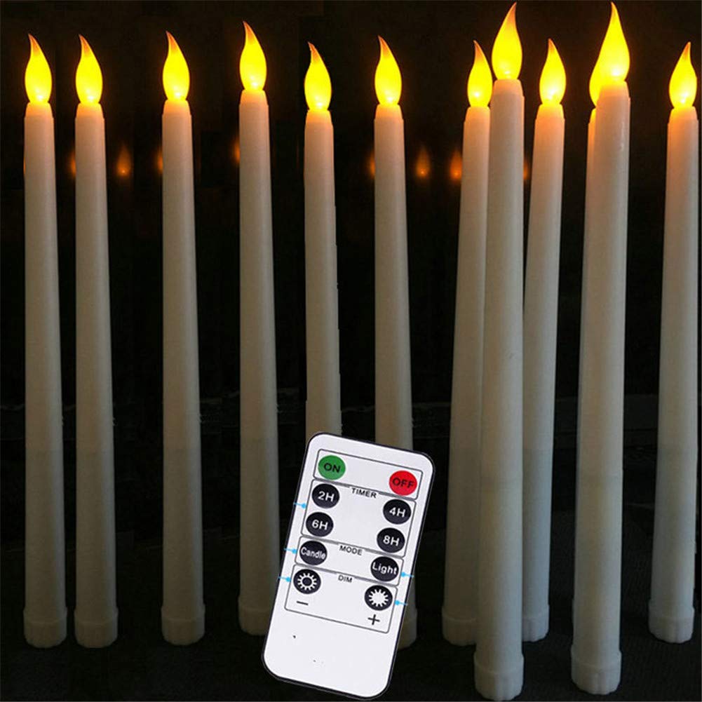 Datomarry Pack of 12 Remote Flameless LED Taper Candles with Yellow Flickering Light,Realistic Plastic 11 inch Long White Battery Operated Candlestick for Halloween Christmas