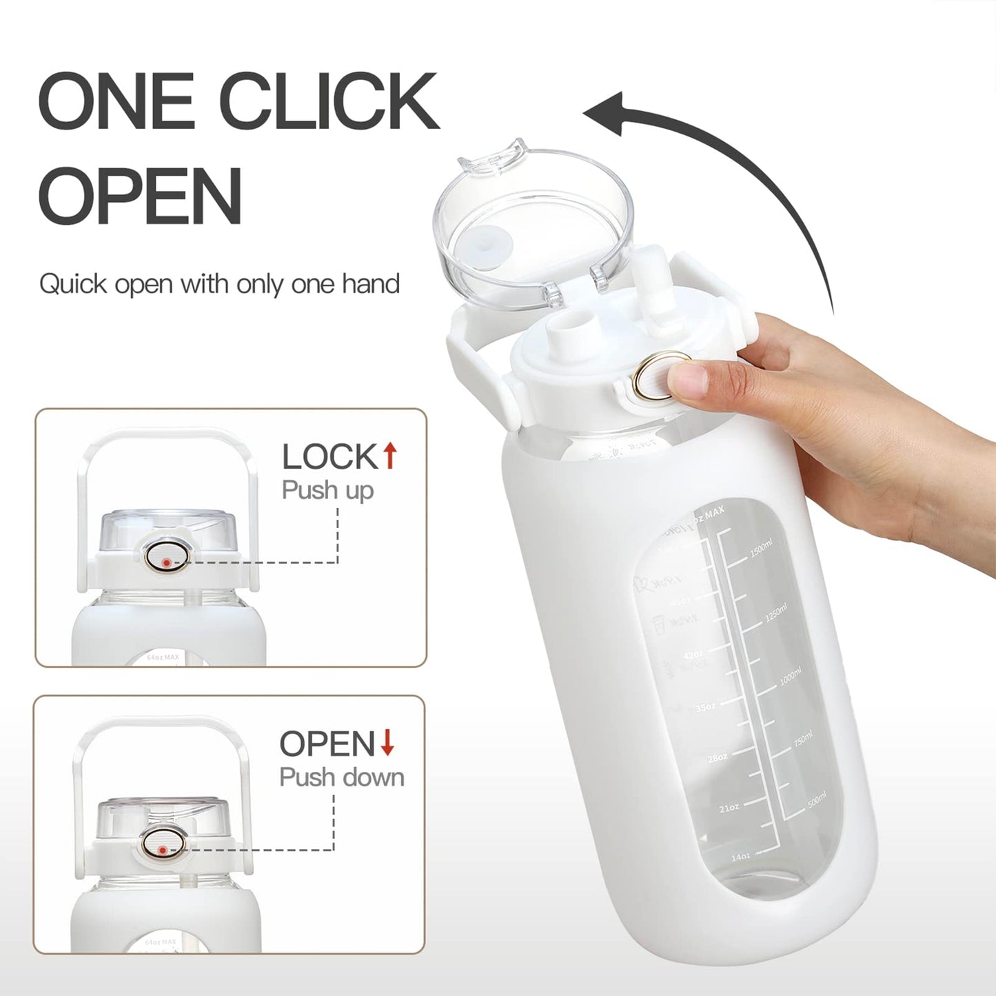 chunmo 64oz Glass Water Bolttles with Straw Half Gallon Large Motivational Water Bottle with Time Marker Sports Water Bottles with Silicone Sleeve and Handle Lid Water Jug for Gym Workout