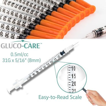 GLUCO-CARE 31G x 5/16’’ Syringes - 0.5 ml/cc, 100 Count for Precise Insulin Delivery