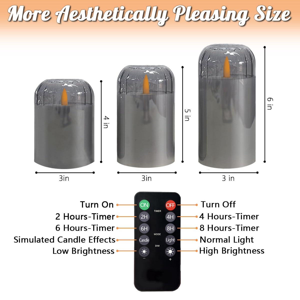 NICE POINT 3Pcs LED Candle Set Rechargeable with Remote Control,Grey Glass Flameless Candles,Candle Lights for Home Decor, Bedroom, Bathroom Accessories，Pumpkin Fake Candles for Halloween