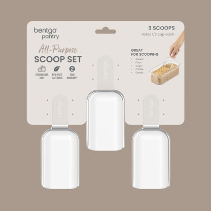 Bentgo Pantry - 3-Piece All Purpose Scoop Set, 1/2 Cup (4 oz) Spoon, Clear & Lightweight, Ideal for Scooping Flour, Sugar, Coffee, Candy, & More for Kitchen and Pantry Containers (Clear)