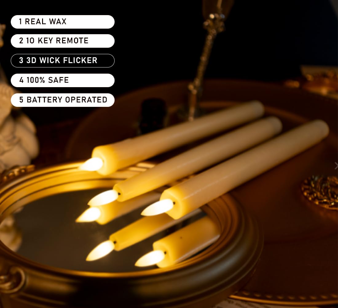 Upgraded Real Wax LED Flameless Taper Candles with Remote, KSWING 6 PCS Ivory Candle Sticks Battery Operated 3D Flickering - 9.6" Long Realistic Fake Candlesticks for Home/Wedding/Fireplace Xmas Decor