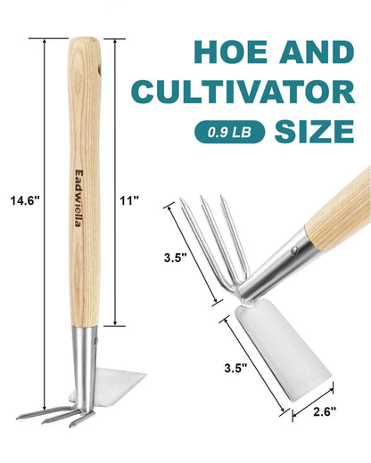 Hoe and Cultivator Garden Rake Hand Tiller Tool Wood Handle Double Sided Cultivator Versatile Tool for Digging,Loosening Soil,Weeding,Breaking Up Soil,Cultivating,Preparing Seedbeds Combination Garden