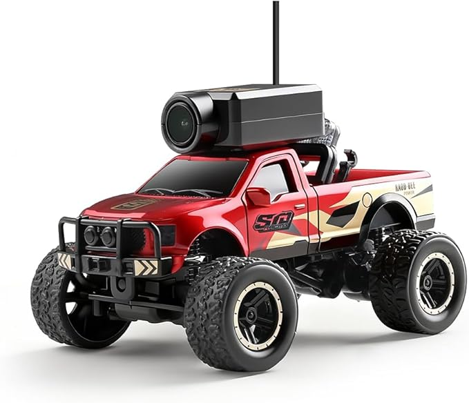 1/64 Scale Mini RC Truck Model 2.4Ghz APP Auto-Pairing Full-Proportional FPV Remote Control Monster Truck with WiFi Camera Lights Speed &amp Steering Adjustable Gift for Adults (RTR/Red)