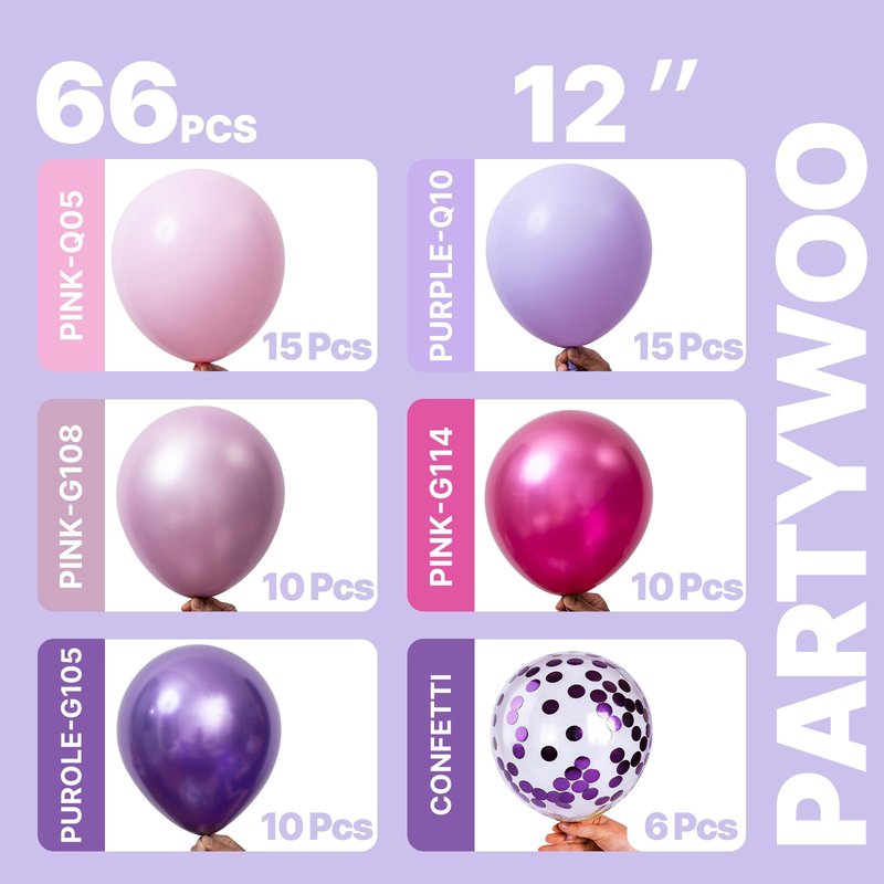 PartyWoo Pink and Purple Balloons 66pcs 12 Inch Baby Pastel Light Metallic Pink Light Purple Lavender Lilac Confetti Balloons for Baby Shower Princess Butterfly Birthday Party Decorations
