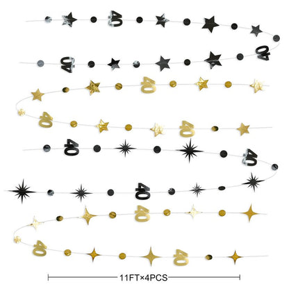 Black Gold 40th Birthday Decorations Number 40 Circle Dot Twinkle Star Garland Streamer Bunting Banner Backdrop for Women Mens Cheers to 40 Years Old Birthday Happy 40th Anniversary Party Supplies