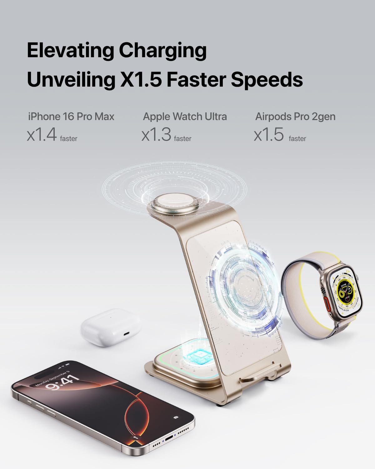 Intoval 3 in 1 Wireless Charging Station for iPhone 17 16 15 14 13 12 11 X Pro Max, Wireless Charger for Apple Watch Ultra 3 SE 9 8 7 6 5 4 3 2, for AirPods 4 Pro Pro 2 3 (Y93, Grey)