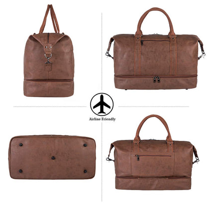 Leather Travel Bag with Shoe Pouch,Weekender Overnight Bag Waterproof PU Leather Large Carry On Bag Travel Tote Duffel Bag for Men or Women-Brown