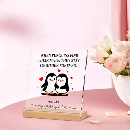 Atichwem Romantic Penguin Acrylic Plaque with Wooden Stand, 5.9×5.9 Inch Clear Acrylic for Home Office Decor, Wedding Engagement Anniversary Birthday Valentines Day Gifts for Couples Him Her