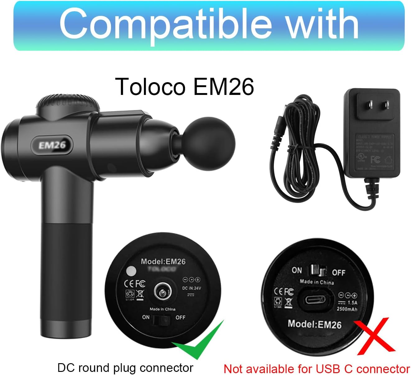 LEFXMOPHY EM26 Massage Gun Charger Replacement for TOLOCO EM26, AERLANG EM13 / Darkiron EM31 Massage Gun 24V Power Adapter Charging Cord